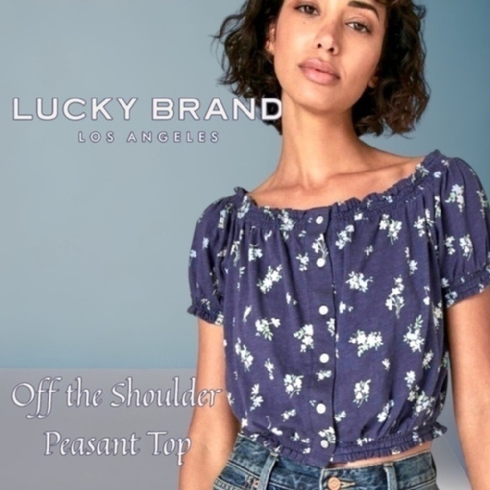 LUCKY BRAND Blue Floral On/Off Shoulder Bubble-Hem-Waist Peasant Top NWT/Lg